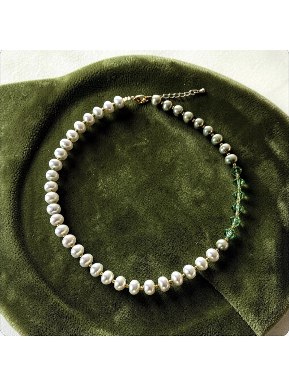 Handmade White Pearl Necklace with Green Crystal Accents
